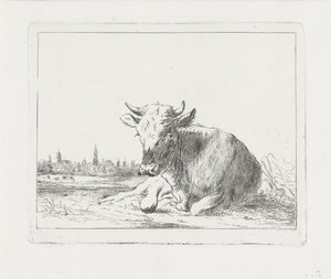 横になっている牛、背景には都市 作： Jacobus Cornelis Gaal