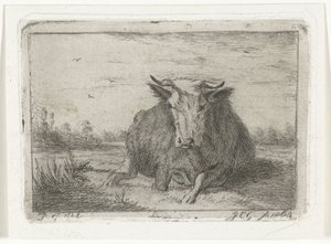 正面から見た横たわる牛 作： Jacobus Cornelis Gaal