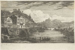 岸壁にホテルのある川の風景 作： Jacobus Cornelis Gaal