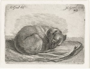 毛布の上に横たわって眠っている犬 作： Jacobus Cornelis Gaal