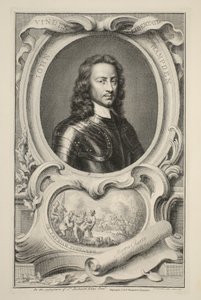 ジョン・ハンプデンの肖像、「イギリスの著名人の頭」からのイラスト、パブ。ナップトン、ロンドン1742 作： Jacobus Houbraken