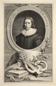ジョンミルトンの肖像画、「イギリスの著名人の頭」からのイラスト、パブ。ナップトン、ロンドン1742 作： Jacobus Houbraken