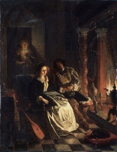 ""Le Rendez vous"" (ランデブー) ファイヤーサイドで彼女への愛を宣言する紳士に求愛された少女の誘惑のシーン。 ヤコブ・ジョセフ・エックハウト (1793-1861) による絵画 1852 ベラルーシ共和国の州立美術館、ミンスク、ベラルーシ 作： Jacobus Josephus Eeckhout