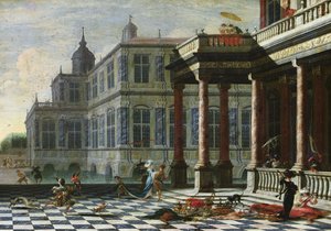 テラスのあるイタリアの宮殿（キャンバスに油彩） 作： Jacobus Saeys