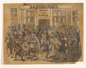 De Komiek を手に入れるために本屋の前に集まった人々 作： Jacobus Wilhelmus Adrianus Hilverdink (possibly)