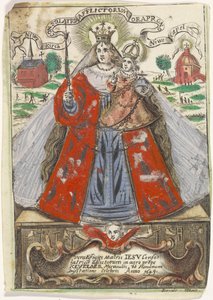 彼女の後ろに 2 つの教会の建物を持つメアリーと子供 作： Jacobus de Man (I)