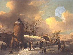 塔のそばの凍った水路を滑るスケーターたち 作： Jacobus van der Stok
