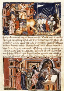 トロイの街の包囲と攻撃、Guido delle Colone (c. 1210-c. 1287) による「Historia Destructionis Troiae」のミニチュア
