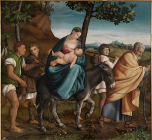 エジプトへの逃避 - ヤコポ・バッサーノ (またはダ・ポンテ) イル・ヴェッキオ (長老) (1510-1592) による絵画、木に油彩 作： Jacopo Bassano
