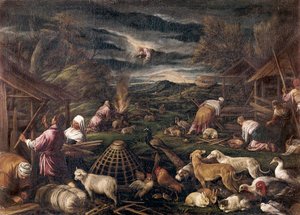 大洪水の後のノエ。ヤコポ・ダ・ポンテ（ヤコポ・バサーノ（1515-1592）と呼ばれる）の絵画 作： Jacopo Bassano