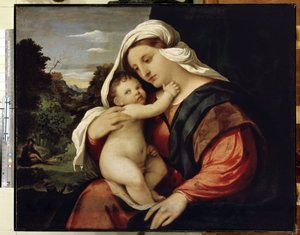 聖母子。 ヤコポ パルマ イル ヴェッキオ (老人または長老) の絵画 作： Jacopo (c.1480 1528) Palma