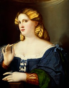パルマ・ザ・エルダー（1480-1528）として知られるヤコポ・ニグレッティ作、扇子を持つ女性 作： Jacopo (c.1480 1528) Palma