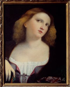女性の肖像 木の上に描かれた絵をキャンバスに移し替えたもの ヤコポ・パルマ・イル・ヴェッキオ（1480-1528） 1513年 薄さ。0.48 x 0.38 m リヨン、ボザール美術館（Musee des Beaux Arts