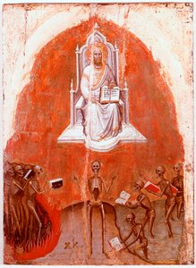 黙示録のポリプティクの左パネル。生命の書を持つキリスト。ジャコベッロ・アルベレーニョ(1367-1397年頃)による木版デトレンプレ(1360-1390年)。ヴェネツィア、アカデミア美術館（Gallerie dell