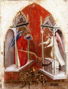 黙示録のポリプティク：左内側のパネル。収穫の様子。ジャコベッロ・アルベレグノ(1367-1397年頃)による木版デトレンプレ(1360-1390年)。ヴェネツィア、アカデミア美術館（Gallerie dell