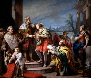 ファラオの前のヨセフ」（Jacopo Amigoni (Giacomo Amiconi) (1675-1752)、約1749年 - 油彩・キャンバス、283x325 - プラド美術館（マドリッド）。 作： Jacopo Amigoni