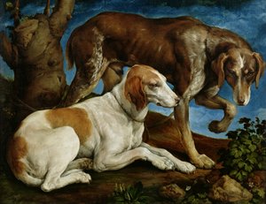 木の切り株に結ばれた2匹の狩猟犬、c.1548-50