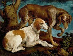 木の切り株に関連付けられている2つの狩猟犬 作： Jacopo Bassano