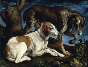 2匹の狩猟犬（1548-1549年 作： Jacopo Bassano il vecchio