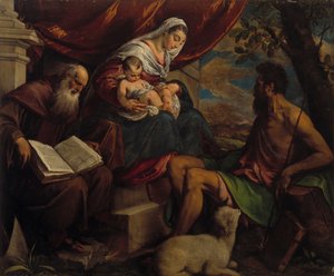 聖母子と洗礼者ヨハネと聖アンソニー修道院長、1560年代。 作： Jacopo Bassano il vecchio
