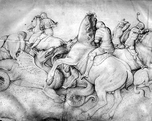 ドラゴンとの戦い、1450年頃（ベラムにインク）