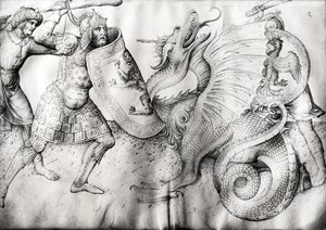 戦士とドラゴンの戦い、c.1450（ベラムにインク） 作： Jacopo Bellini