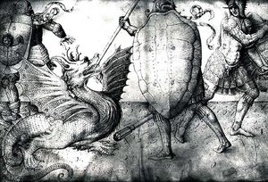 ドラゴンと戦う戦士、1450年頃（ベラムのインク） 作： Jacopo Bellini