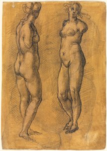1570年代のプットのスケッチの上に立った女性のアンティーク像の2つのビューのコピー。 作： Jacopo Chimenti
