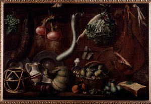食器や食品の入ったサイドボード（絵画 作： Jacopo Chimenti Empoli