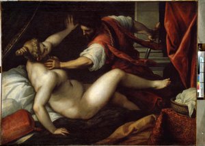 タルクィニウスとルクレティア（タルクィニウスとルクレティア）。 セクストス・タルクィニウスは、紀元前509年に古代ローマで君主制の崩壊と共和国の始まりにつながった出来事であるルクレティウスをレイプします. ヤコポ・パルマ・イル・ジョヴァネの絵画 (ザ・ヤング)