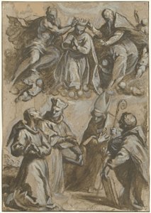 崇拝の4人の聖人と聖母マリアの戴冠式 作： Jacopo Palma (il Giovane)