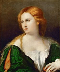 緑のドレスの若い女性、手にボックス、1514年頃 作： Jacopo Palma il Vecchio the Elder