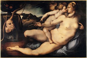 ヴィーナスとキューピッド（Venus and Cupid） 絵画 ヤコポ・カルッチ・ディット・イル・ポントルモ（Pontormo）（1494-1556） 1532-1534 点数 128x197 cm フィレンツェ、Galleria dell