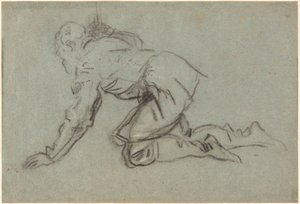 杖をひざまずく男、1554-56年頃（青紙に木炭）