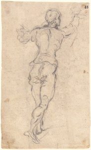 腕を上げて歩き回る青年、後ろから見た、1579年頃（オートミール紙に木炭） 作： Jacopo Robusti Tintoretto