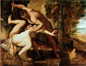 アベルを殺すカイン 絵画 ヤコポ・ロブスティ・ディット・イル・ティントレット（ティントレ）（1518-1594） 1550-1553 日149x196 cm ヴェネツィア、アカデミアのギャラリー 作： Jacopo Robusti Tintoretto