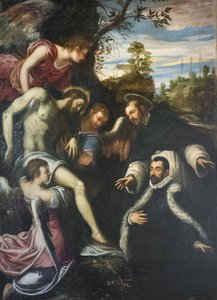 3人の天使、聖ドミニコと寄贈者に支えられた死んだキリスト 作： Jacopo Robusti Tintoretto