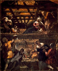 スクオーラディサンロッコの大広間（壁）の絵画：羊飼いたちの崇拝 作： Jacopo Robusti Tintoretto