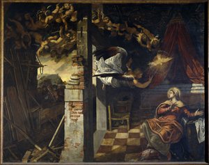 受胎告知。 Le Tintoretto（Il Tintoretto）として知られるJacopo Robustiによる絵画（1518-1594） 作： Jacopo Robusti Tintoretto