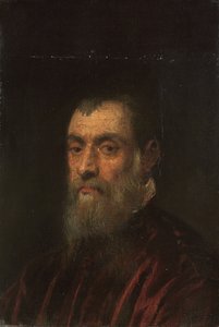 赤いガウンのひげを生やした男性のバスト丈の肖像画 作： Jacopo Robusti Tintoretto