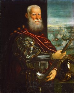 レパントの海戦を背景にしたセバスティアーノ・ヴェニエ（1496-1578） - ヤコポ・ティントレット（1518-1594）。キャンバスに油彩、1571年以降。サイズ：104,5x83,5 cm。美術史博物館、ヴィエンヌ 作： Jacopo Robusti Tintoretto