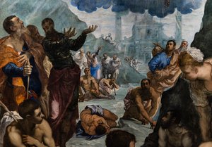 聖アウグスティヌスは足の不自由な人を癒す、詳細 作： Jacopo Robusti Tintoretto
