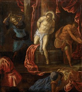キリストの鞭打ち、ca 1585-1590。 作： Jacopo Robusti Tintoretto