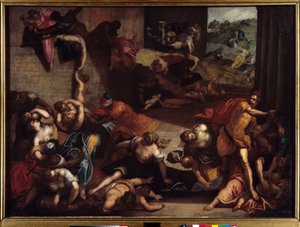 無辜の民の虐殺 ヤコポ・ロブスティ（ティントレット）（1518-1594）の絵画 16世紀 日。1,34x1,86 m レンヌ、Musee des Beaux Arts。 作： Jacopo Robusti Tintoretto