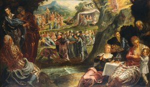 黄金の子牛の崇拝、c。 1594年。 作： Jacopo Tintoretto