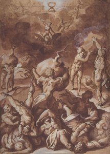 巨人と戦うジュピター（1540-96年）。 作： Jacopo Zucchi