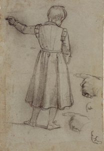 左を指して後ろから見た立っている男の子、左手の 4 つの習作 作： Jacopo da Empoli