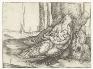 胸に子供を抱いたマリアが木の根元に座っている 作： Jacopo de