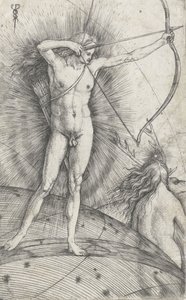 天球儀に弓矢を持つアポロと鹿のダイアナ、1503-5 作： Jacopo de Barbari