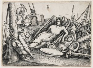 トロフィーの中でリクライニングする勝利 作： Jacopo de Barbari